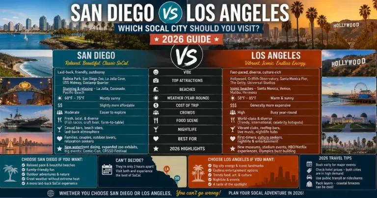 San Diego vs Los Angeles comparison showing San Diego Balboa Park and Coronado Beach turquoise bay left versus Los Angeles Hollywood Sign Santa Monica Pier and Venice Beach boardwalk right