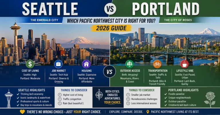 Seattle vs Portland comparison showing Seattle Space Needle skyline and Pike Place Market left versus Portland Powell's Books Mississippi Avenue and Mount Hood view right
