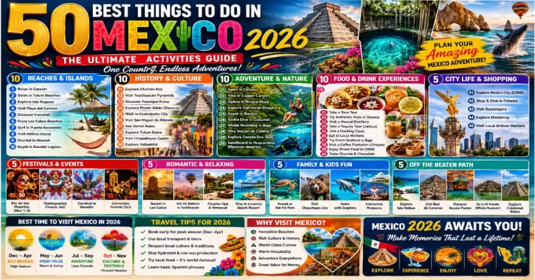 Things to do in Mexico 2026 showing Chichen Itza Mayan pyramid Yucatan, Tulum ruins Caribbean coast turquoise water, cenote swimming crystal clear cave and Mexico City Zocalo cathedral