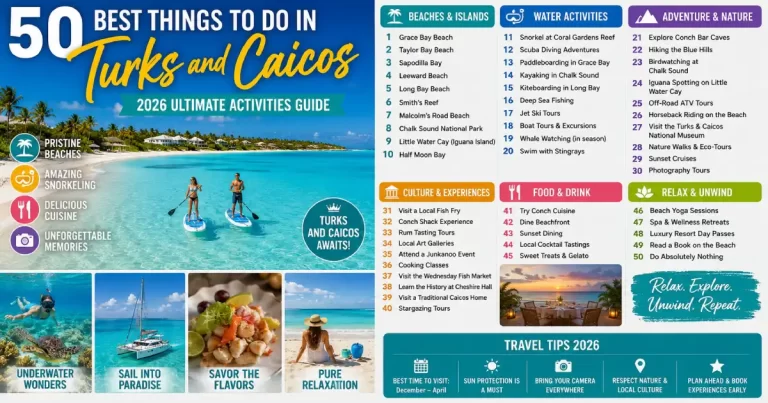 Things to do in Turks and Caicos 2026 showing Grace Bay Beach powder white sand turquoise water, snorkeling coral reef, whale watching and kiteboarding Providenciales