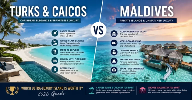 Turks and Caicos vs Maldives comparison showing Grace Bay Beach Turks and Caicos turquoise Atlantic left versus Maldives overwater bungalow villa crystal lagoon and coral reef Indian Ocean right