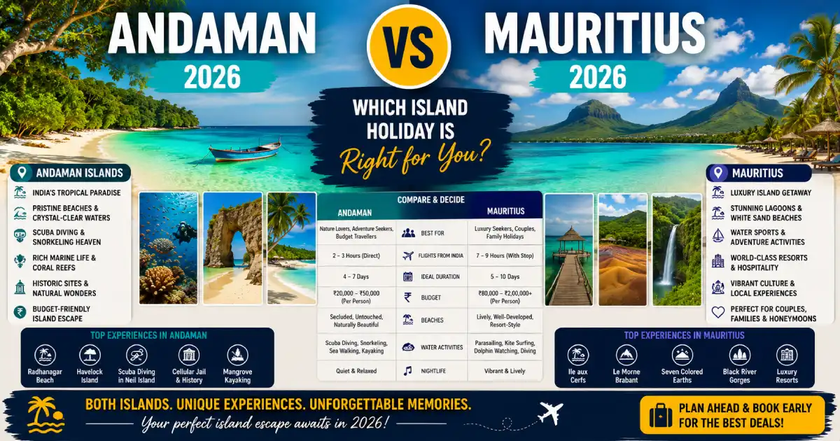 Andaman vs Mauritius 2026 island comparison beaches cost visa travel time best season guide for Indian travellers