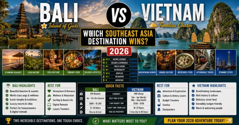 Bali vs Vietnam comparison showing Bali temples beaches tropical, Vietnam Halong Bay limestone, Hanoi street food and Southeast Asia destinations