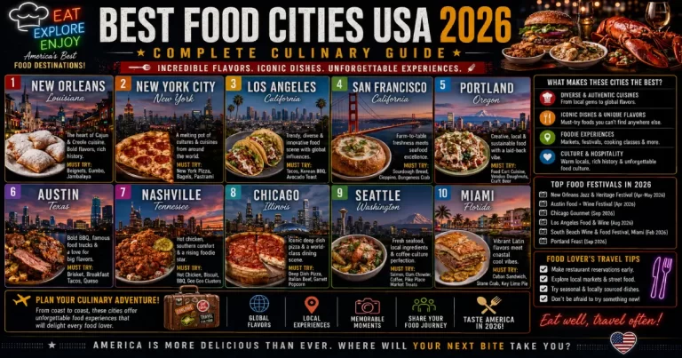 Best food cities USA showing New York fine dining, New Orleans Creole cuisine, San Francisco farm-to-table, Austin tacos, Portland coffee and culinary destinations
