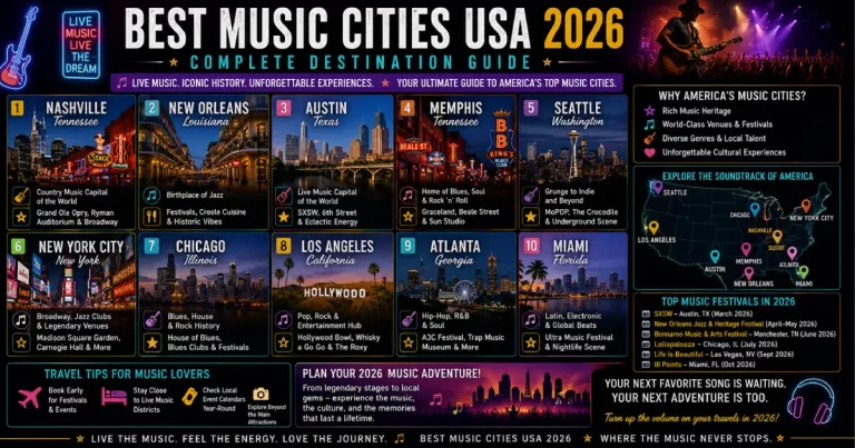 Best music cities USA showing New Orleans French Quarter jazz, Nashville Grand Ole Opry honky-tonks, Austin Sixth Street live music, Memphis Beale Street and music venues