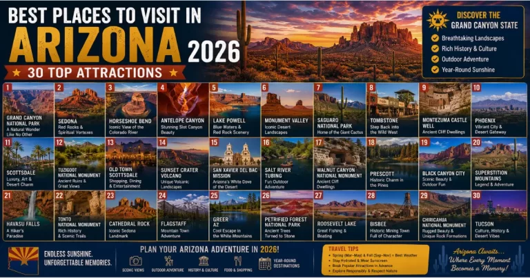 Best places to visit in Arizona 2026 showing Grand Canyon South Rim Sedona red rocks Monument Valley buttes and Antelope Canyon slot canyon