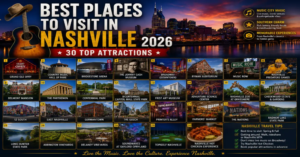 Best places to visit in Nashville 2026 showing Lower Broadway Ryman Auditorium Grand Ole Opry Country Music Hall of Fame and Parthenon