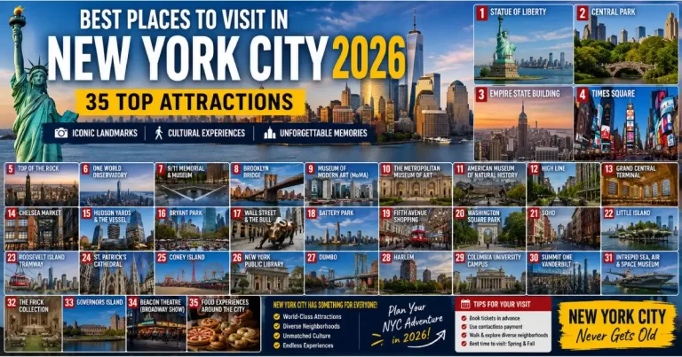 Best places to visit in New York City 2026 showing Central Park skyline Brooklyn Bridge Statue of Liberty Times Square and Empire State Building