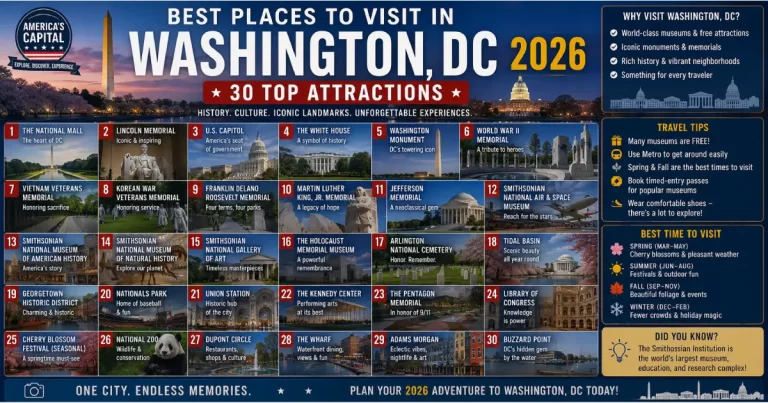 Best places to visit in Washington DC 2026 showing Lincoln Memorial National Mall US Capitol Washington Monument and cherry blossoms