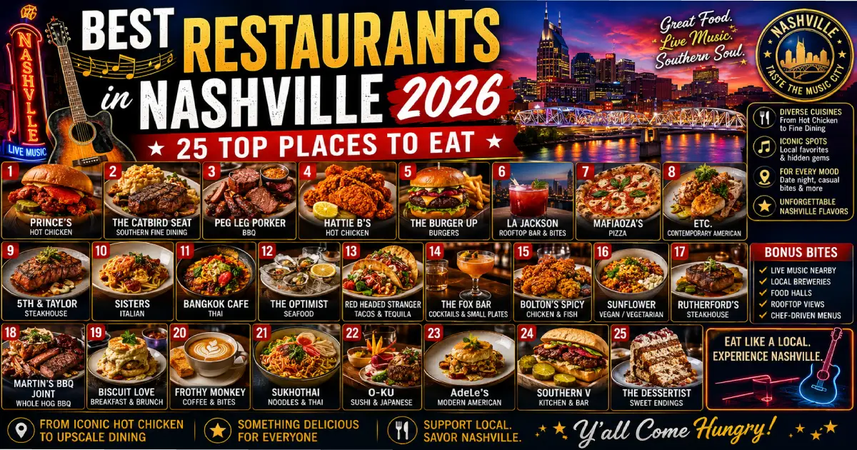 Best restaurants in Nashville 2026 showing hot chicken plate meat and three cafeteria tasting menu fine dining and brunch biscuits