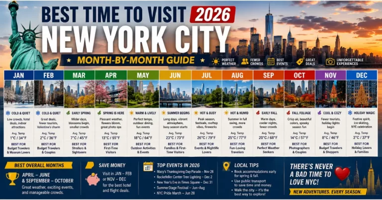 Best time to visit New York City 2026 showing spring cherry blossoms summer Central Park fall foliage and winter holiday lights