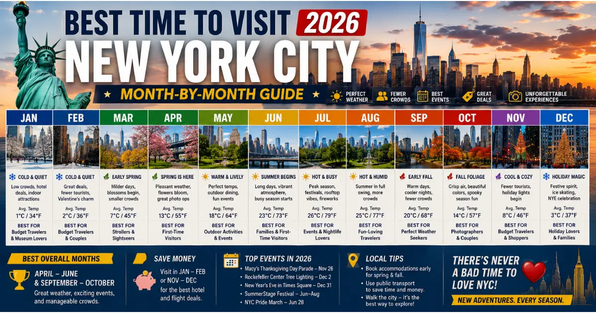 Best time to visit New York City 2026 showing spring cherry blossoms summer Central Park fall foliage and winter holiday lights