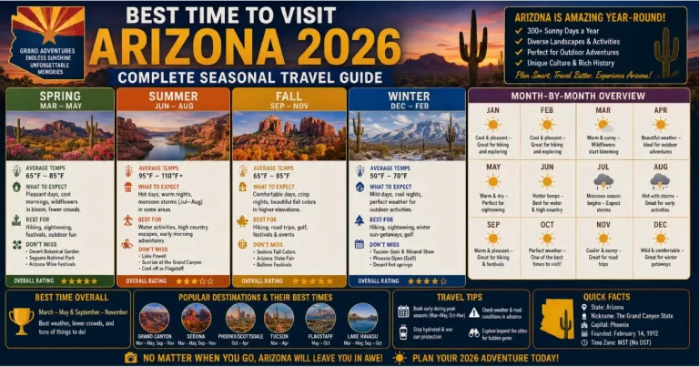 Best time to visit Arizona showing desert landscape, Grand Canyon, Phoenix heat, Sedona red rocks, spring wildflowers and Arizona seasonal destinations