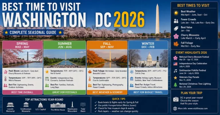 Best time to visit Washington DC showing cherry blossoms spring blooming, fall foliage autumn colors, winter holiday decorations, summer festivals and seasonal activities