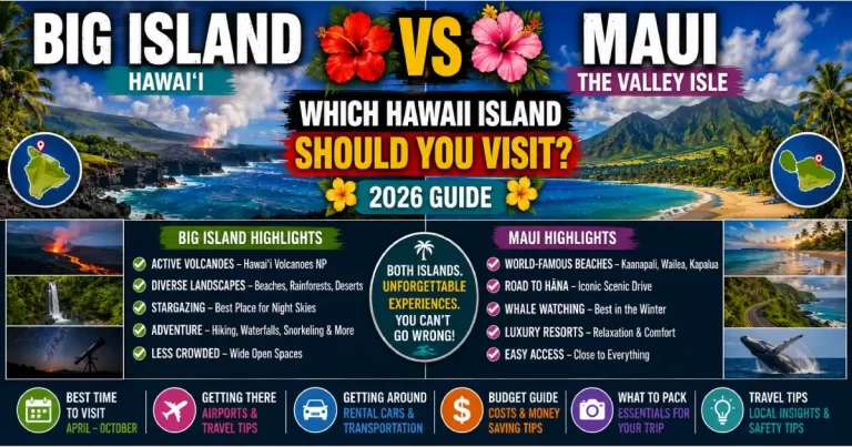 Big Island vs Maui Hawaii comparison showing Big Island Hawaii Volcanoes National Park active lava Kilauea and black sand Punaluu beach left versus Maui Road to Hana waterfall and Haleakala sunrise right
