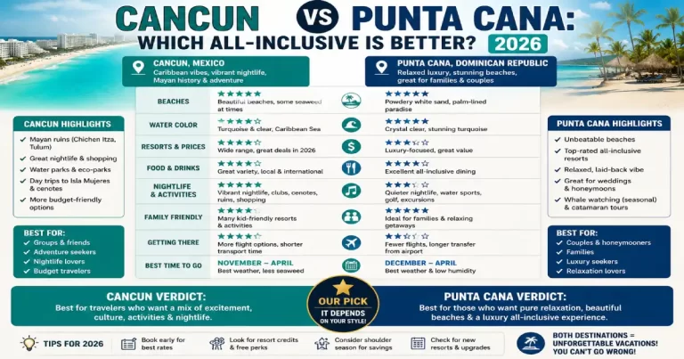 Cancun vs Punta Cana all-inclusive comparison showing Cancun beach resort, Punta Cana tropical beaches, Caribbean resort pools and all-inclusive vacation