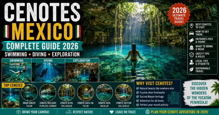 Cenotes Mexico complete guide showing underground cave cenotes, freshwater swimming pools, limestone caverns, cave diving and Mexican water activities