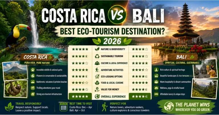 Costa Rica vs Bali eco-tourism comparison showing Costa Rica rainforests wildlife hiking, Bali rice terraces temples, sustainable eco-lodges and eco-travel
