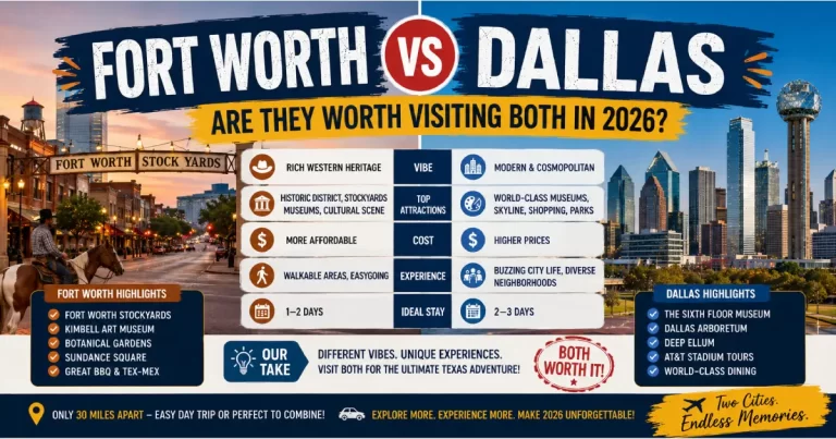Fort Worth vs Dallas Texas comparison showing Fort Worth Stockyards cowboy culture, Dallas downtown skyline, museums and Texas attractions