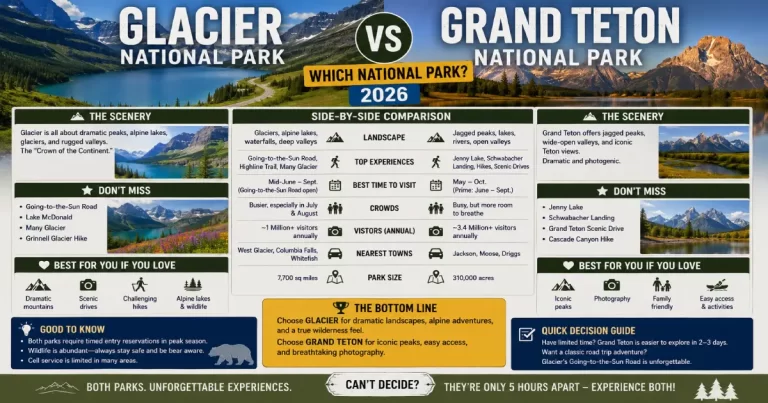 Glacier National Park vs Grand Teton comparison showing Going-to-the-Sun Road alpine lakes, Grand Teton dramatic peaks, mountain hiking trails and national parks