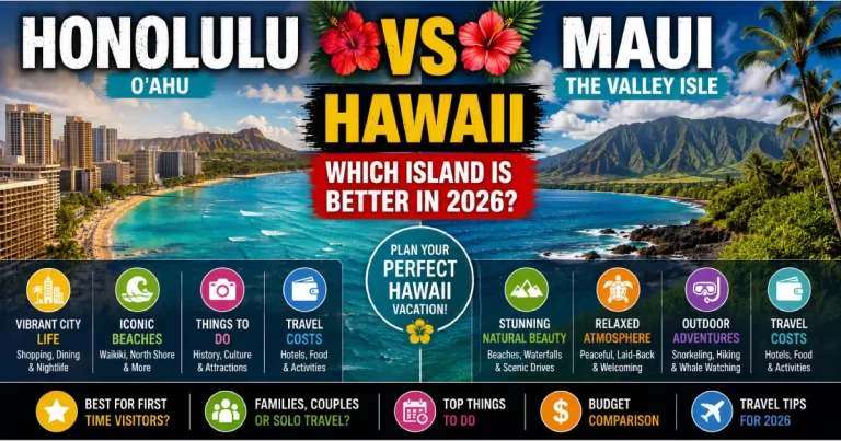 Honolulu vs Maui Hawaii comparison showing Waikiki urban beach, Diamond Head, Maui island landscapes, Road to Hana waterfalls and Hawaiian destinations
