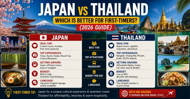 Japan vs Thailand comparison showing Japan Mount Fuji cherry blossoms and Kyoto Fushimi Inari torii gates left versus Thailand Koh Phi Phi islands turquoise water and Bangkok Grand Palace right