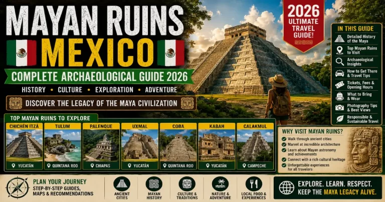 Mayan ruins Mexico showing Chichen Itza El Castillo pyramid, Tulum clifftop temples, Coba jungle ruins, Palenque archaeological site and Mayan civilization structures
