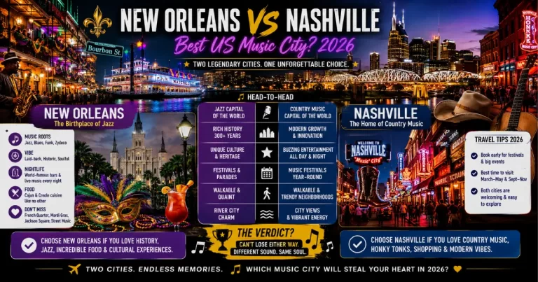 New Orleans vs Nashville music cities comparison showing New Orleans French Quarter jazz streets, Mardi Gras, Nashville honky-tonks, Grand Ole Opry and music venues