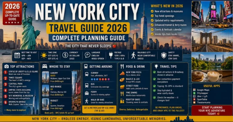 New York City travel guide 2026 showing Manhattan skyline subway map Central Park and Brooklyn Bridge for trip planning