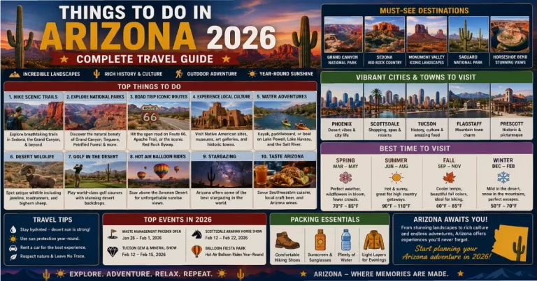 Things to do in Arizona showing Grand Canyon South Rim, Sedona red rocks, Phoenix downtown, Flagstaff mountains, hiking trails and Arizona attractions