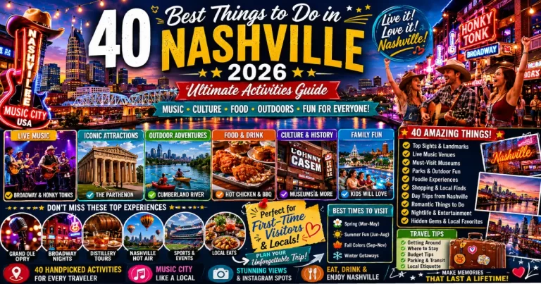 Things to do in Nashville 2026 showing Lower Broadway honky-tonks Grand Ole Opry Ryman Auditorium and Nashville hot chicken