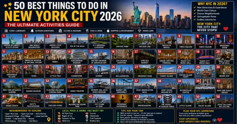 Things to do in New York City 2026 showing Brooklyn Bridge walk Broadway theater Times Square night Central Park and Hudson River kayaking