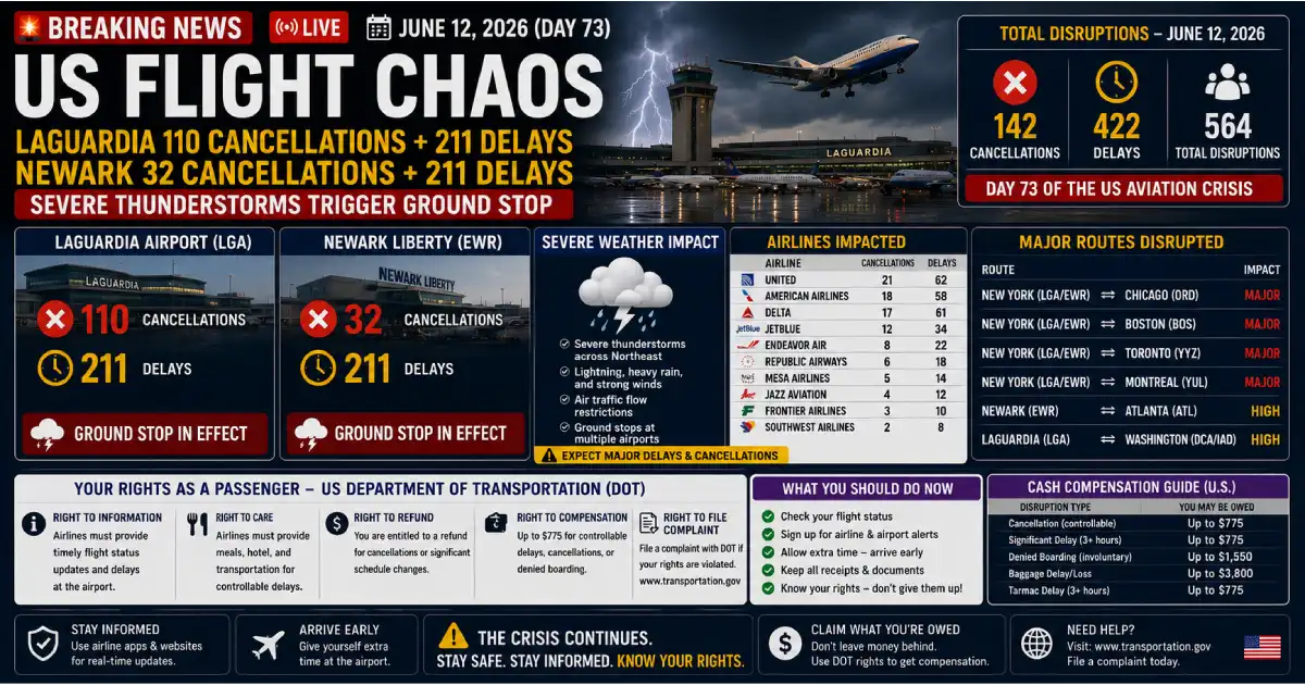 US flight chaos June 12 : 110 Cancels + 211 Delays — Day 73
