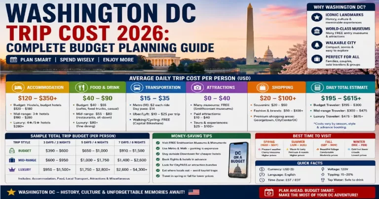 Washington DC trip cost showing budget planning, hotel rooms, restaurant dining, museum attractions and travel expense breakdown