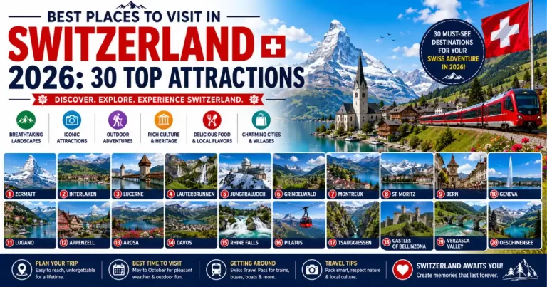 Best places to visit in Switzerland 2026 showing Jungfraujoch glacier Zermatt Matterhorn Lucerne Chapel Bridge and Lake Geneva