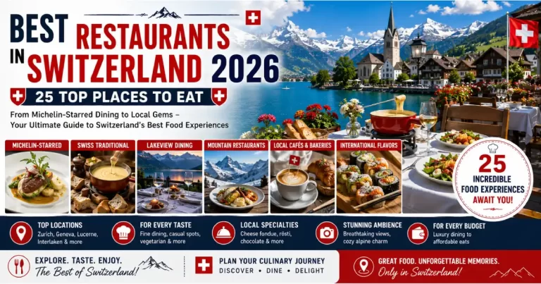 Best restaurants in Switzerland 2026 showing Zermatt mountain restaurant Matterhorn view Zurich Kronenhalle Geneva fondue and Ticino grotto