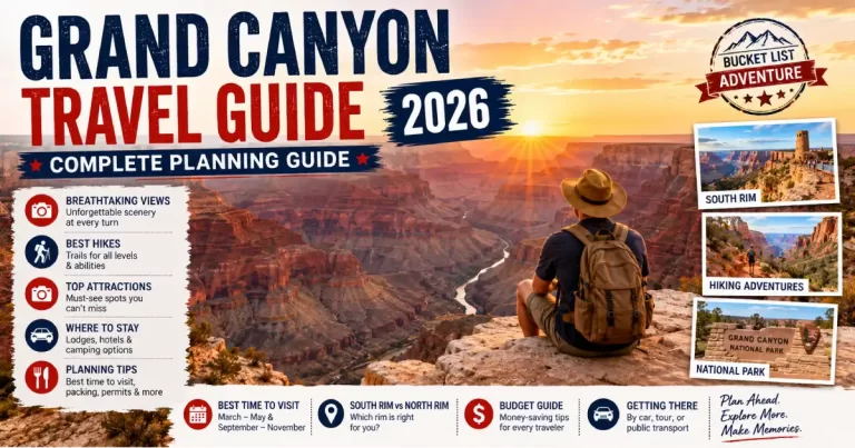 Grand Canyon travel guide 2026 showing South Rim Mather Point sunrise Bright Angel Trail hikers and Colorado River from overlook