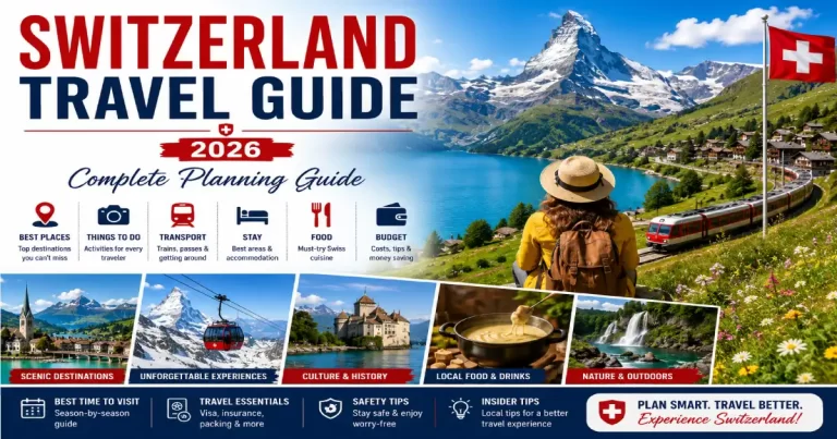 Switzerland travel guide 2026 showing Swiss Travel Pass SBB train Zurich Lucerne Zermatt Matterhorn and Jungfraujoch for trip planning