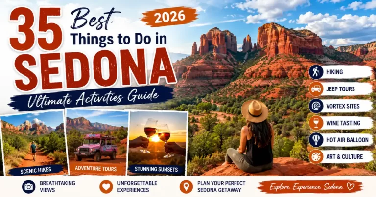Things to do in Sedona Arizona 2026 showing Cathedral Rock hike Pink Jeep Tour hot air balloon red rock formations and energy vortex