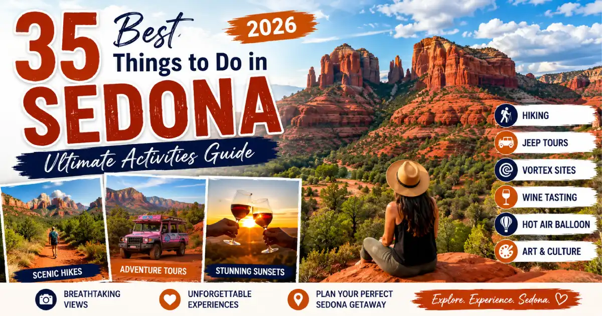 Things to do in Sedona Arizona 2026 showing Cathedral Rock hike Pink Jeep Tour hot air balloon red rock formations and energy vortex