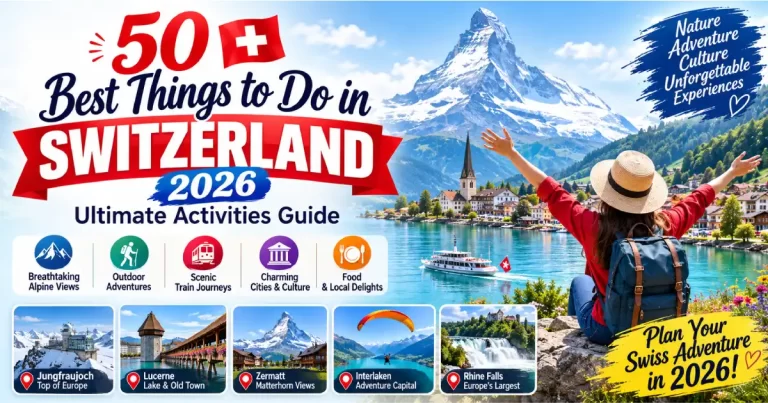 Things to do in Switzerland 2026 showing Jungfraujoch railway Glacier Express Zermatt hiking Lake Zurich swimming and cheese fondue