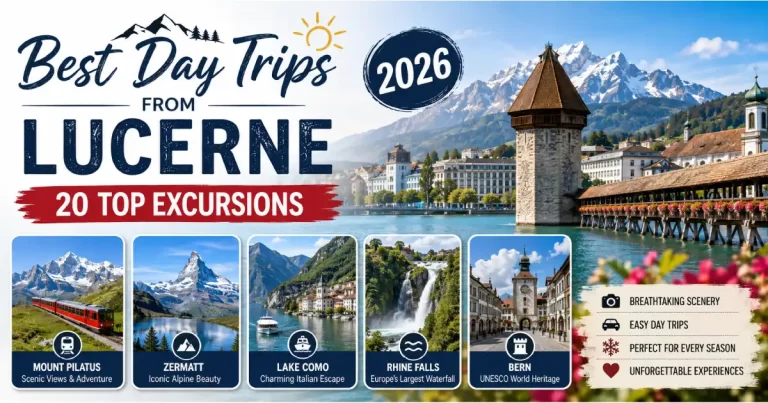 Best day trips from Lucerne 2026 showing Pilatus rack railway Jungfraujoch Bern Old Town Rhine Falls and Gruyères castle