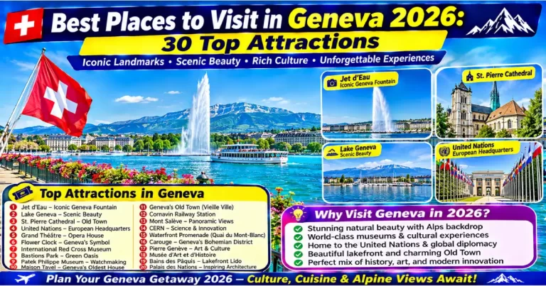 Best places to visit in Geneva 2026 showing Jet d'Eau Lake Geneva Old Town Cathedral Palais des Nations and Bains des Pâquis