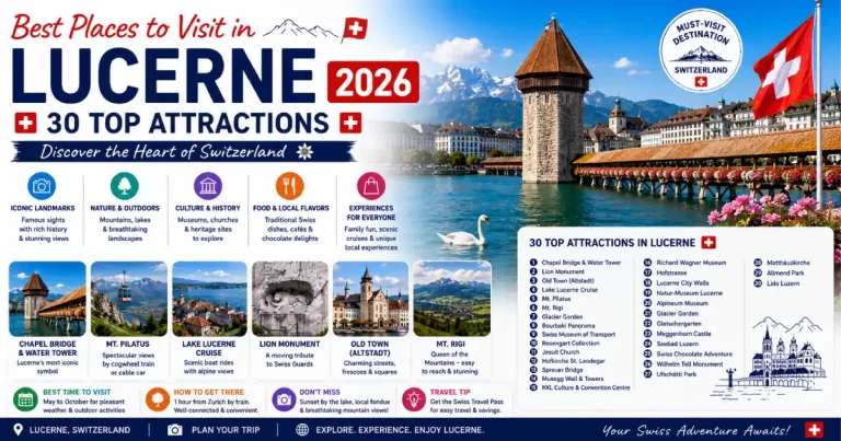 Best places to visit in Lucerne 2026 showing Chapel Bridge Kapellbrücke Lake Lucerne Lion Monument Mount Pilatus and Musegg Wall