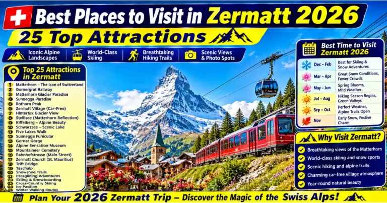 Best places to visit in Zermatt 2026 showing Matterhorn peak Gornergrat railway Five Lakes Walk village Bahnhofstrasse and Glacier Paradise