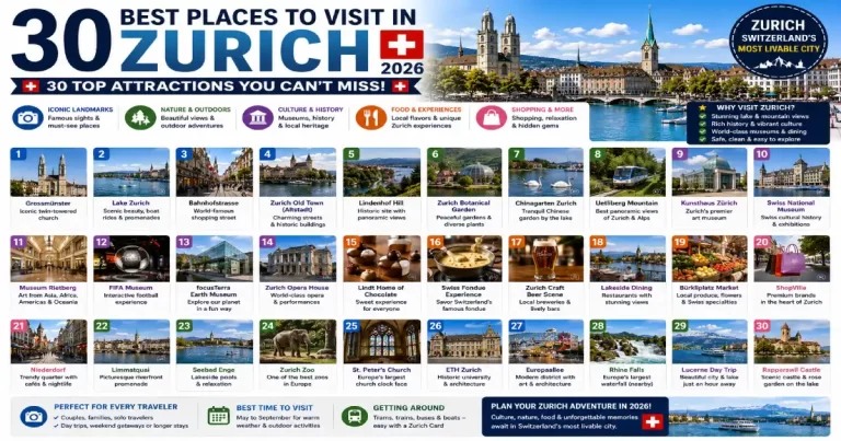 Best places to visit in Zurich 2026 showing Grossmünster towers Limmat river Old Town Lake Zurich Bahnhofstrasse and Kunsthaus