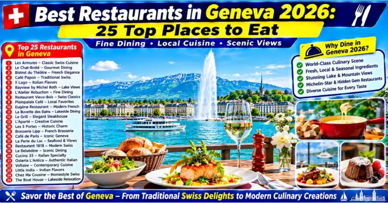 Best restaurants in Geneva 2026 showing Bains des Pâquis fondue pier Café du Centre brasserie Le Chat-Botté lakefront and perch fillets