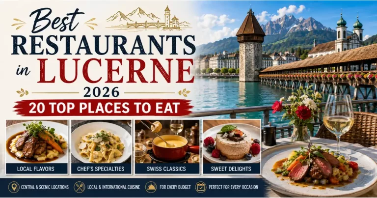 Best restaurants in Lucerne 2026 showing Old Swiss House schnitzel Wirtshaus Galliker Restaurant Schiff lake fish and Palace Luzern terrace