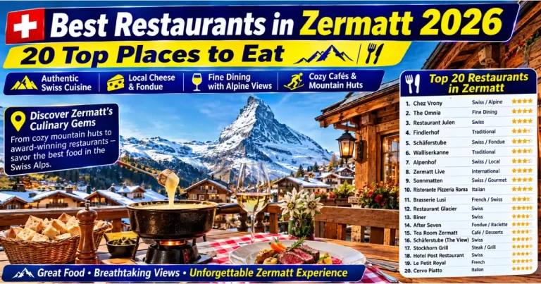 Best restaurants in Zermatt 2026 showing Chez Vrony sun terrace Matterhorn view Whymper Stube fondue cellar and mountain dining Switzerland