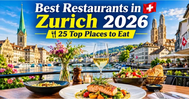 Best restaurants in Zurich 2026 showing Kronenhalle dining room Hiltl vegetarian buffet Le Dézaley fondue and Pavillon lakefront terrace